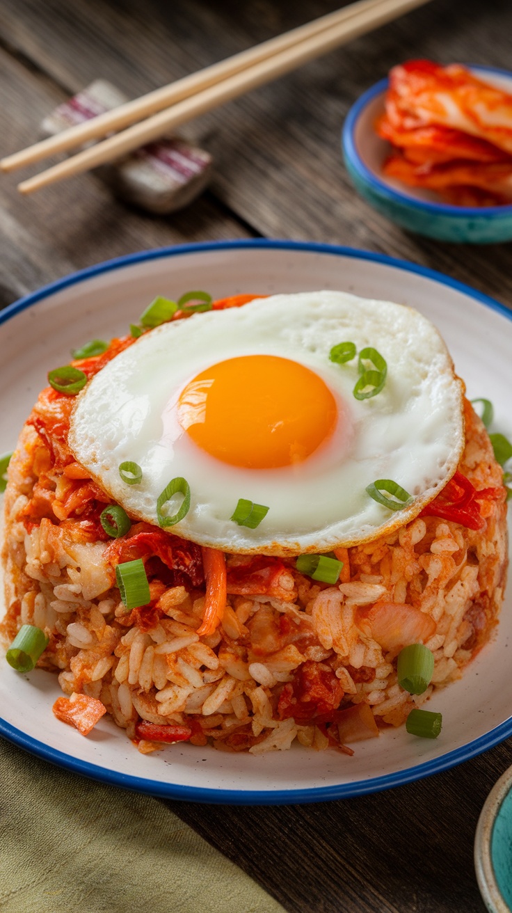 A colorful plate of Spicy Kimchi Fried Rice topped with a fried egg and green onions, set on a rustic table.